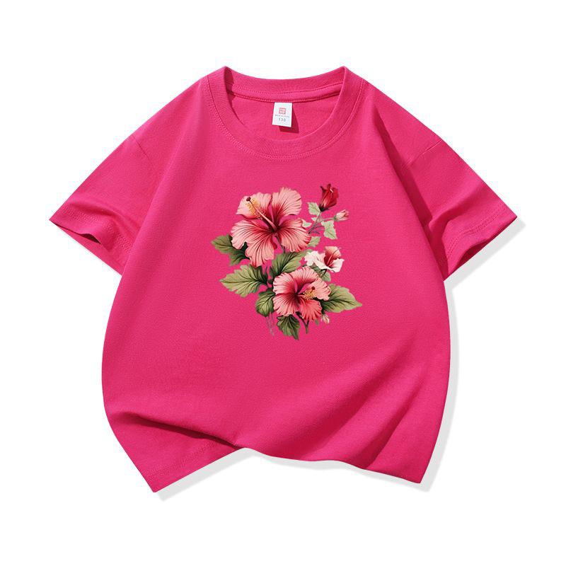 Kids Cotton T Shirt Pink Hibiscus Flower Print Crew Neck Short Sleeve Tee Casual Breathable Boys Girls Summer Tops