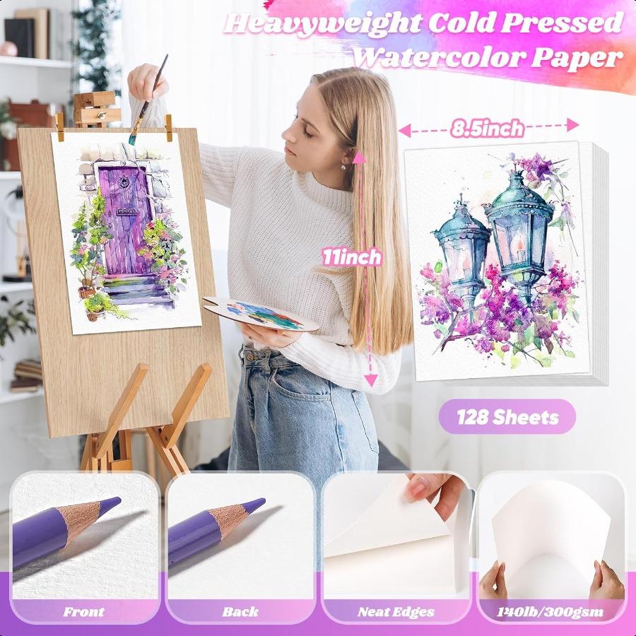 128 Sheets Watercolor Paper Easter Basket Stuffers 8.5x11 Cold Pr Water Color Paper 140lb 300gsm Artist Sketch Easel Acrylic Pa