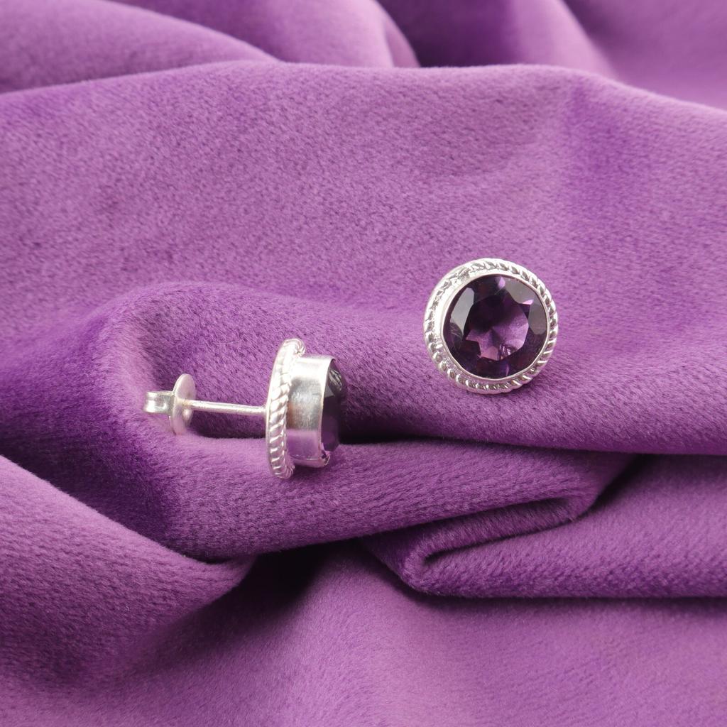 Round Amethyst Gemstone Sterling Silver Birthday Gift Engagement Stud Earrings EE-147-4