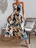 Women Abstract Leaf Print Midi Sundress Spaghetti Strap V Neck A Line Dress with Self Tie Waist Belt Back Adjustable Straps Summer for Beach Vacation