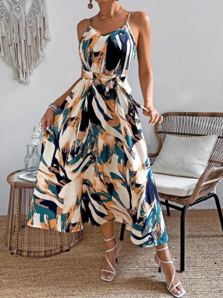 Women Abstract Leaf Print Midi Sundress Spaghetti Strap V Neck A Line Dress with Self Tie Waist Belt Back Adjustable Straps Summer for Beach Vacation