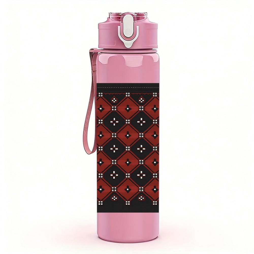 1PC Dark Red Floral Square Texture 750ml Color Plastic Sports Water Bottle Leakproof Flip Straw Lid For Sports Office Home Use