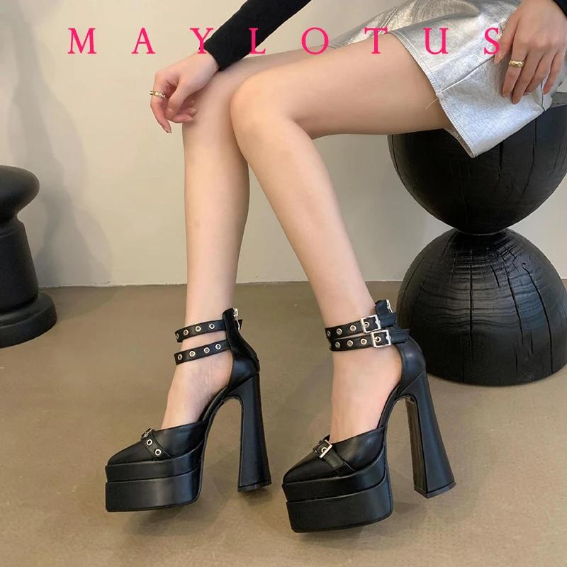 Fashion High Heel Pumps 2025 Fashion Point Toe Platform Women's Shoes Straps Sexy Pump Latest Buckle Casual Pumps Female Chunky Shoes