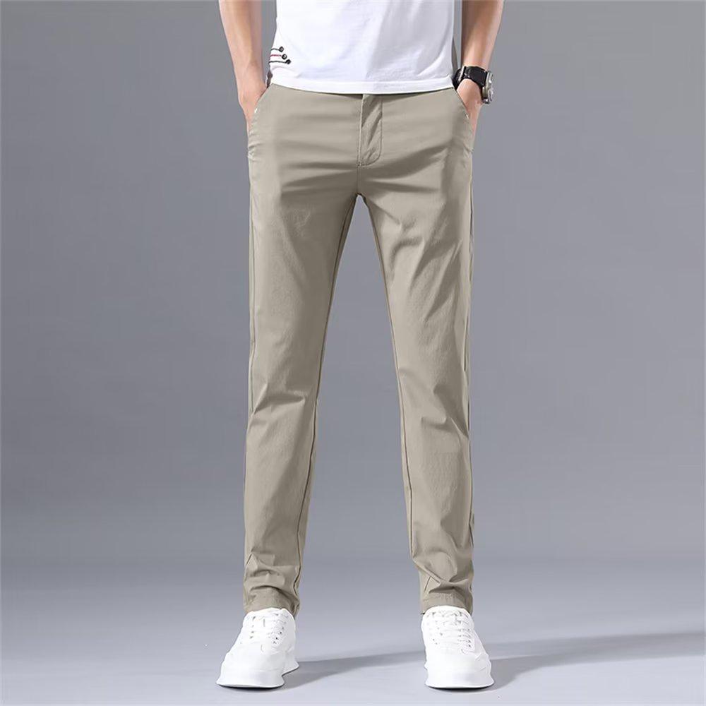 2025 Summer Men's Slim Straight Ice Silk Pants: Trendy, Elastic, Solid Color, Casual All-Match