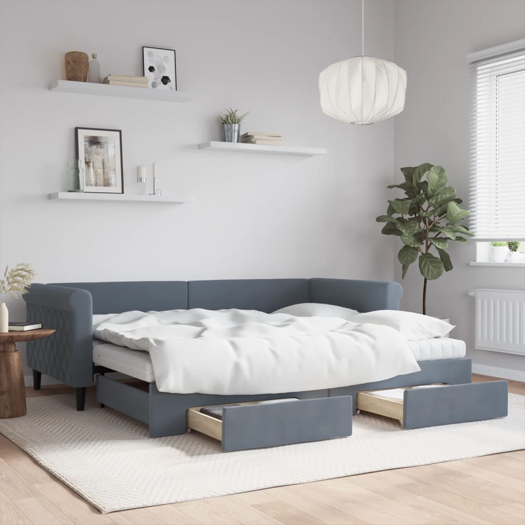 Extendable Daybed with Drawers Dark Grey 90x200 Cm Velvet