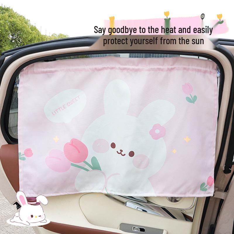 Cute Cartoon Car Sunshade Curtains - Suction Cup Style for Heat Insulation and UV Protection.