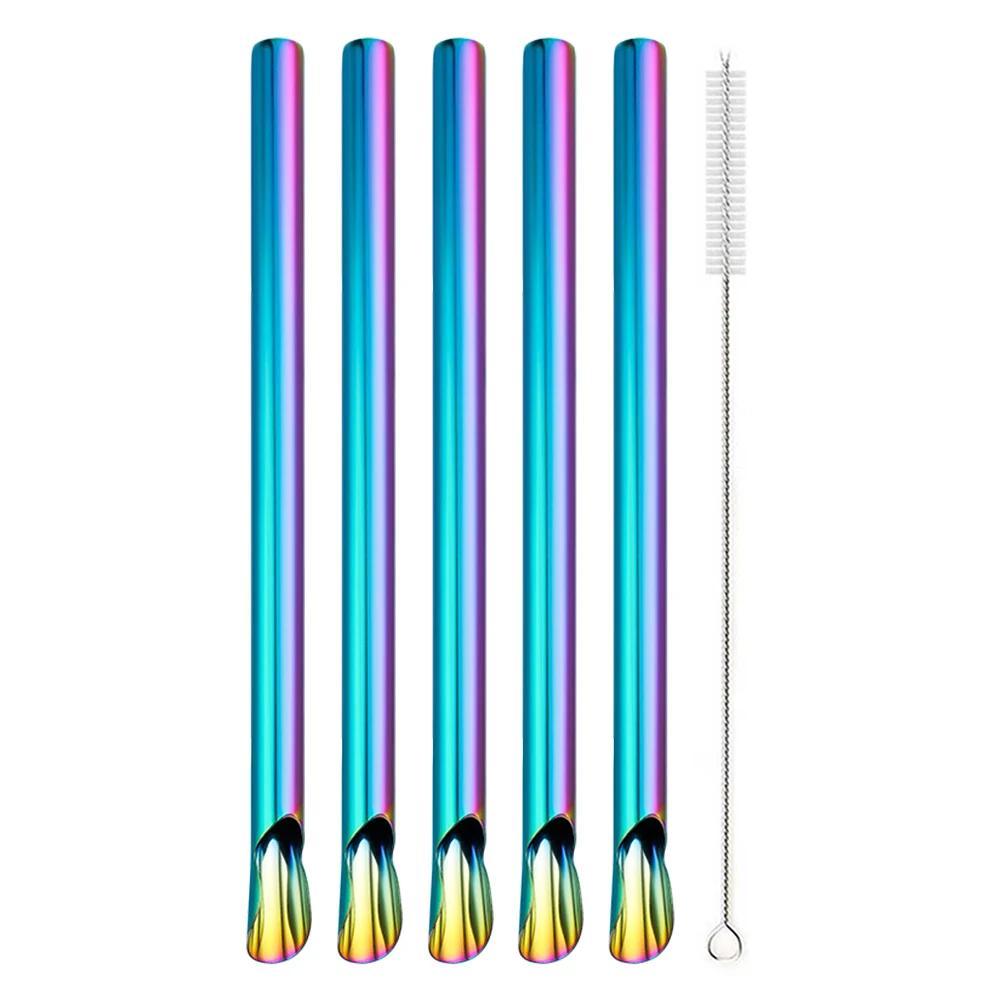 Reusable 304 Stainless Steel Straw Pearl Milkshake Bubble Tea 6Pcs Straw with Brush Set Stirring Smoothie Spoon Shaped Straw