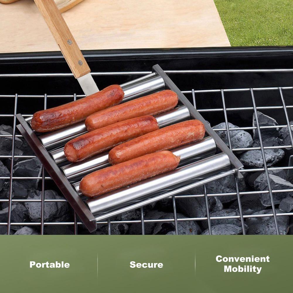 Silver Sausage Roller Rack Detachable Wooden Handle BBQ Grill Rack Hot Dog Griller Outdoor BBQ