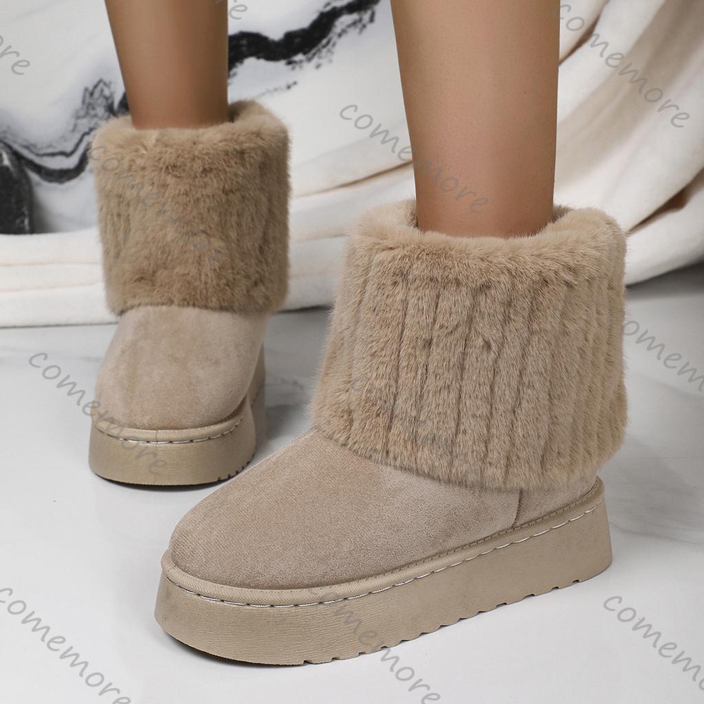 Fashion Comemore Women Round Toe Warm Thickened Plush Winter Beige Snow Boots Thick Sole Casual Comfortable Solid Colour Fur Short Boots