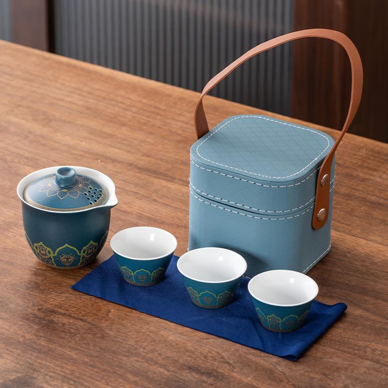 High-end Guochao travel tea set, household high-end business gifts, light luxury, a pot of three cups, commemorative souvenir gifts