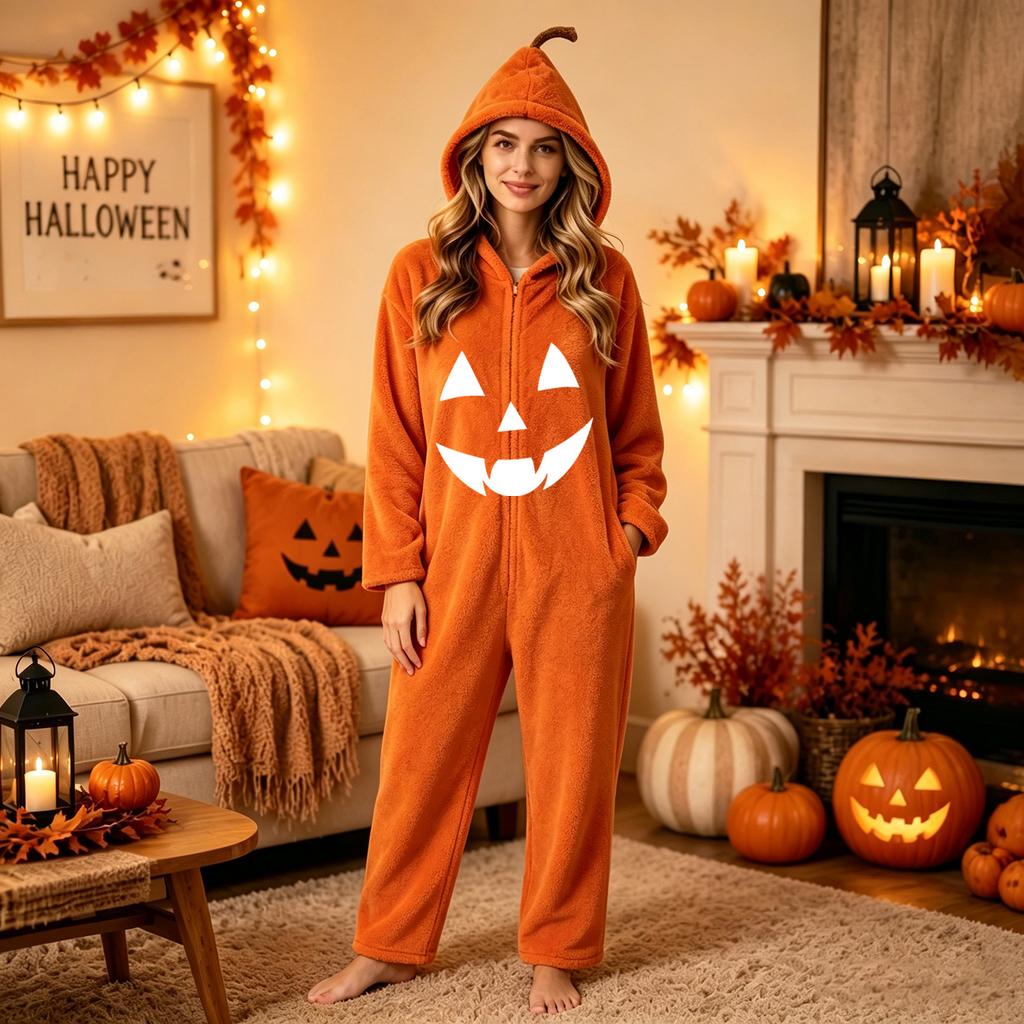Damen Halloween Print Flanell Strampler Loungewear Set für gemütliches Entspannen