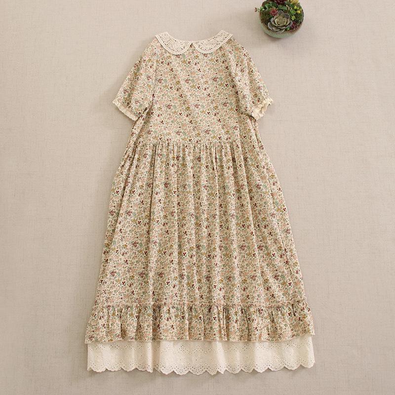 Mori Girl Blommig dockkrageklänning med lös passform och lapptäcke i spetskant