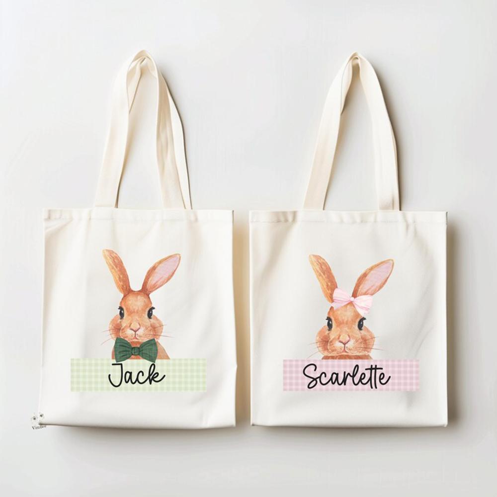 Custom Easter Bunny Bag With Name For Kids Egg Hunting Activities Reusable Goodie Bag Classroom Treat Bag Holiday Gift Basket