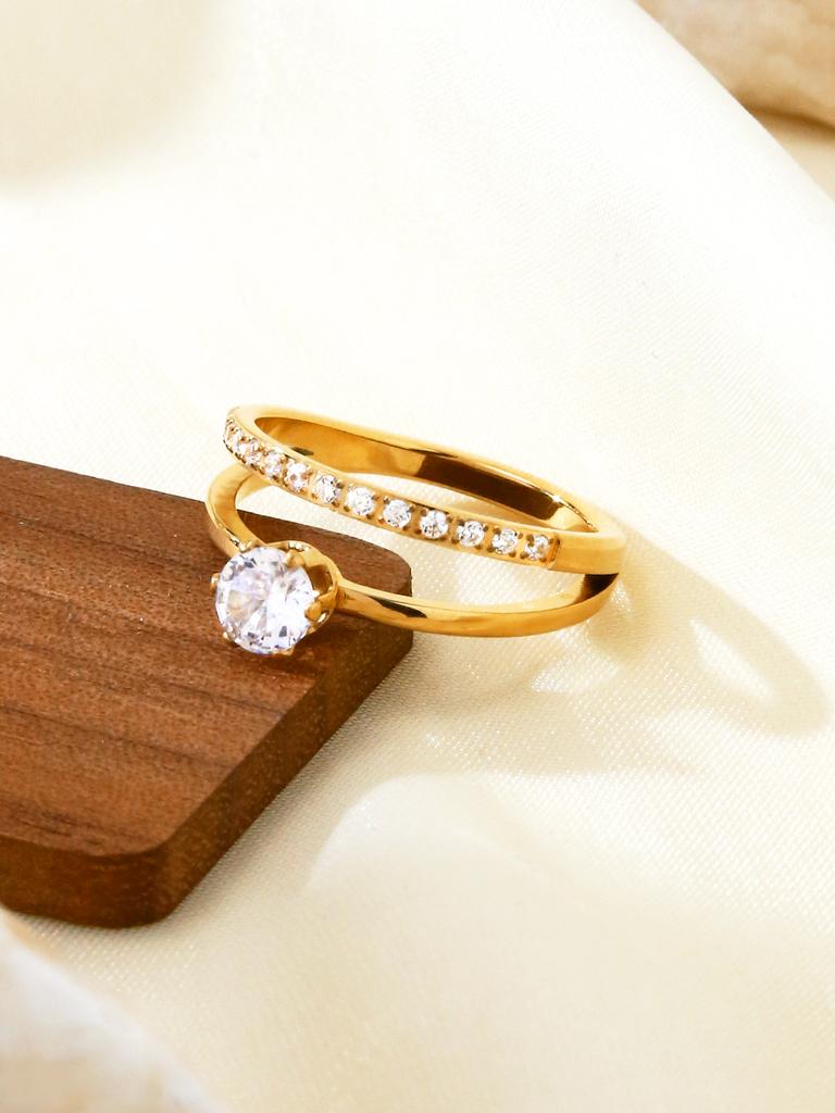 Japan And South Korea Niche Design Light Luxury Temperament Stainless Steel 18K Gold-Plated Diamonds Double Layer Ring Female
