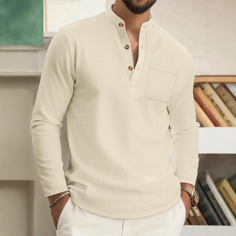 Men's White Dot Print Stand Collar Pocket Autumn Casual Shirt