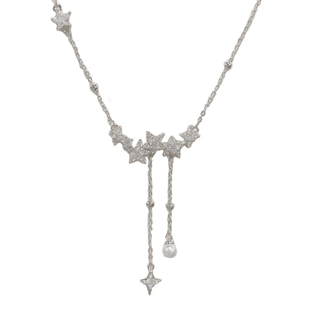 Japan and South Korea Exquisite Fashion Light Luxury Zircon Star Tassel Necklace Temperament Simple Versatile High Sense Super Flash Collarbone Chain