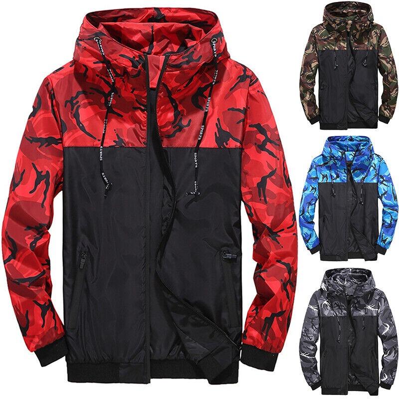 Pánská Camo větruodolná bunda s kapucí a zipem Outwear Plus Velikost M-6XL