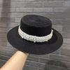 South Korea pearl flat top straw hat women travel vacation sunscreen fashion versatile top hat summer hat tide straw weaving