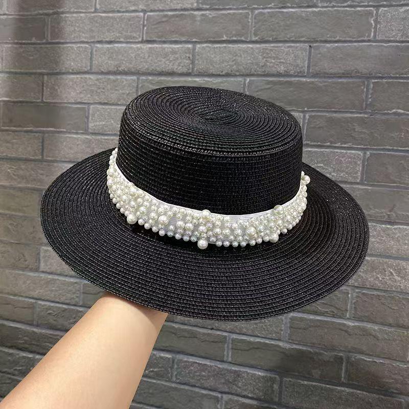 South Korea pearl flat top straw hat women travel vacation sunscreen fashion versatile top hat summer hat tide straw weaving