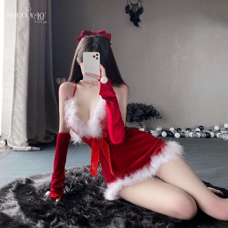 Shuo Yao Women's Christmas Lingerie Set: Plush Camisole, Skirt, Quick-Release 1072