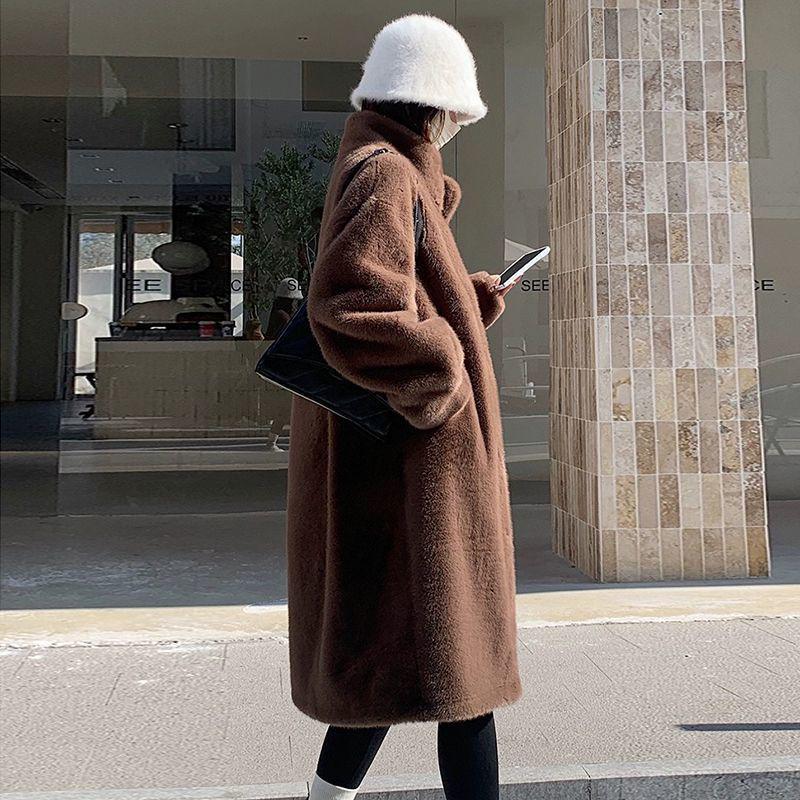 2025 A/W Women's Eco-Leather Overcoat: Thick Long Stand-Collar Mink Fur Cashmere One-Piece