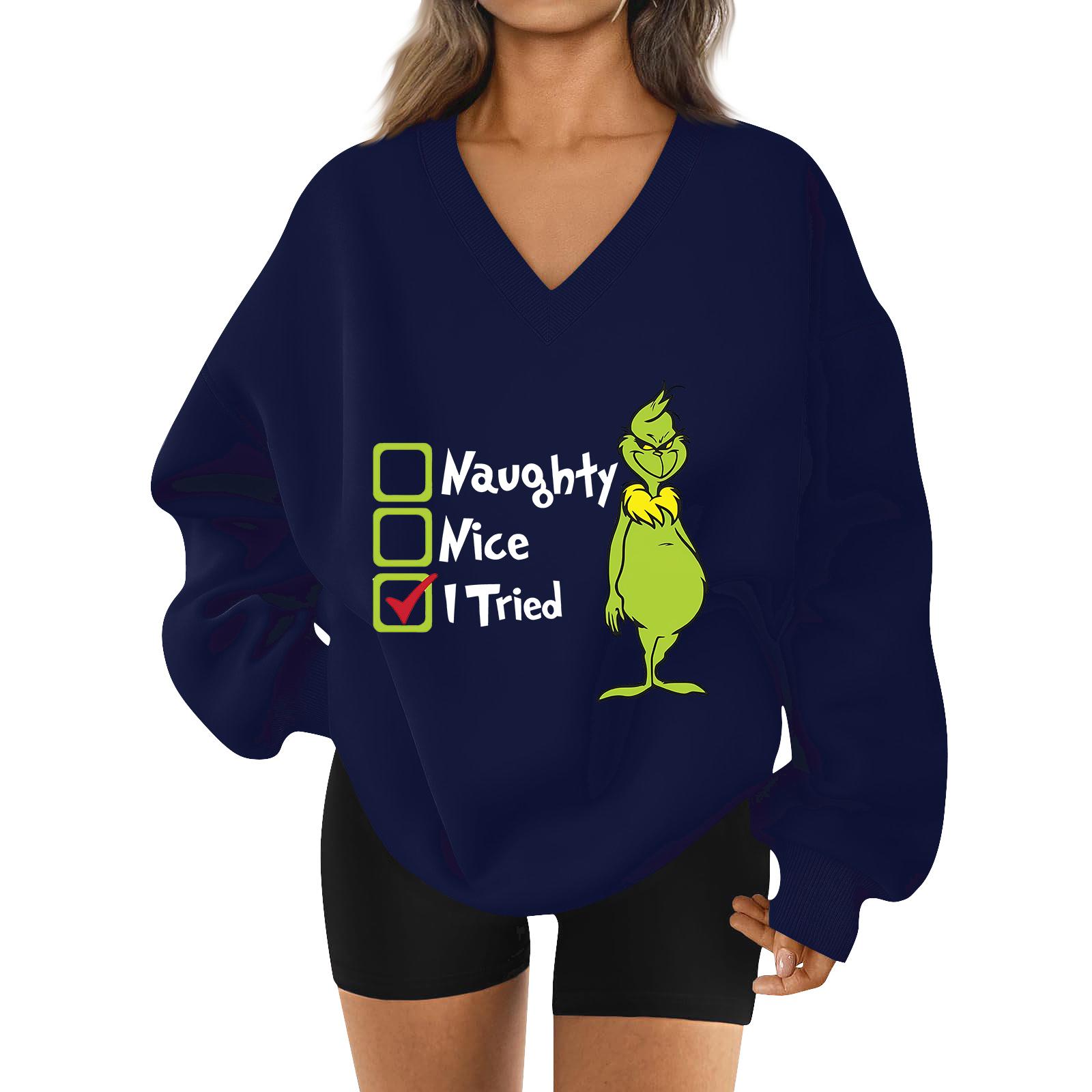 

Женская свободная и удобная спортивная одежда с V-образным вырезом и надписью, толстовка с длинным рукавом, повседневная одежда для сочетания M тёмно-синий