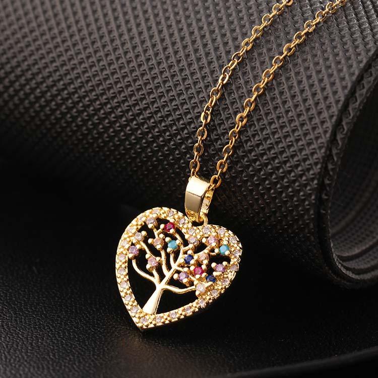 Colorful Zircon Hollow Heart Shape Tree of Life Pendant Necklace with Tassel Design Women's Jewelry