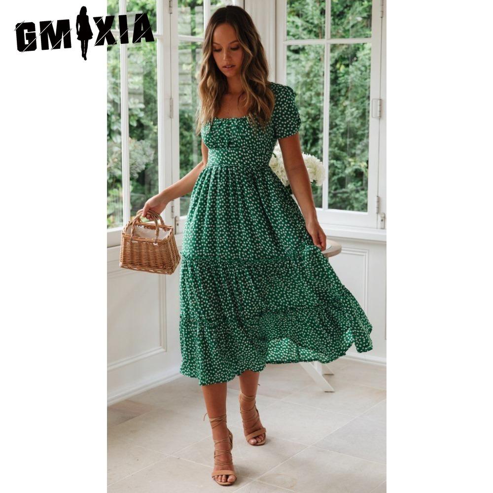 

GMXIA Летнее платье Love в горошек для женщин, повседневное платье-трапеция с коротким рукавом, квадратным воротником и оборками, шифоновое платье миди красного, черного, синего и зеленого цвета XXL зелёный