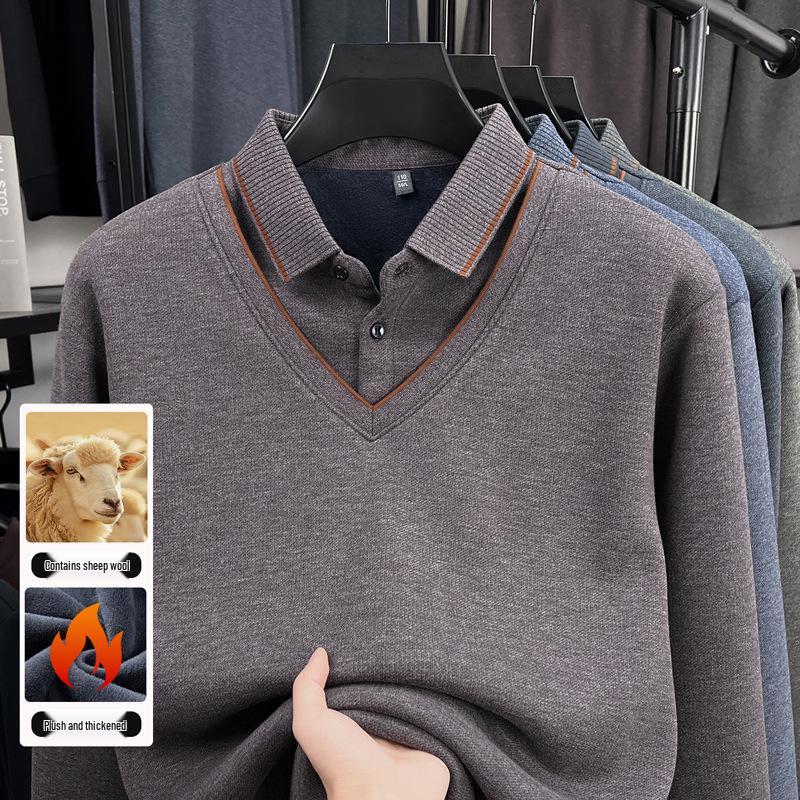 Herren Herbst/Winter Verdickter Samt Wolle Revers Zweiteiliger Lagenpullover für Mittleres und Älteres Alter