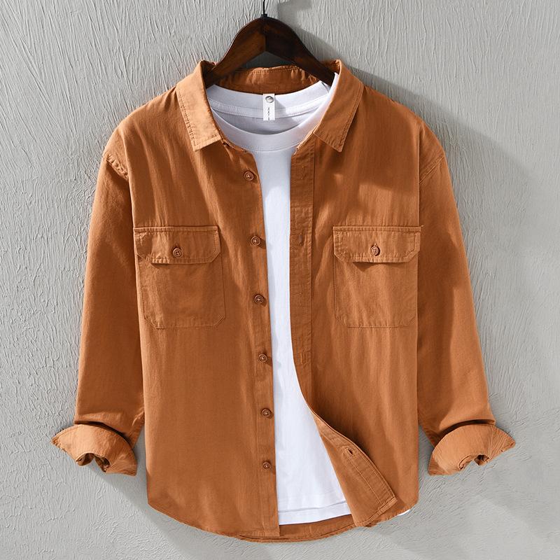 Japanese Simple Cotton Casual Shirt Men Long Sleeve Loose Double Pocket Cargo Shirt Spring Coat