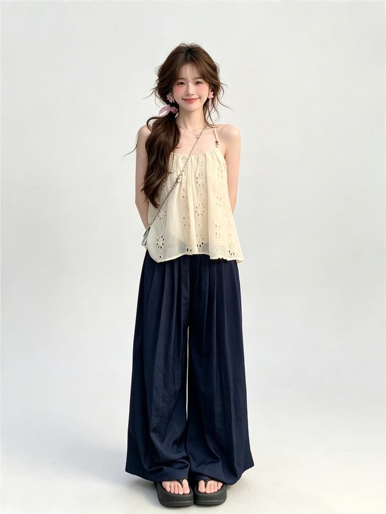 Pure desire for vacation style temperament hollow embroidered beaded sling vest summer new small sweet short top