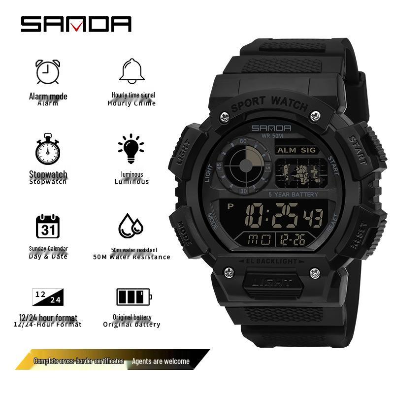 SANDA Waterproof Multifunctional Luminous Sports Watch with Alarm and Electronic Display for Students