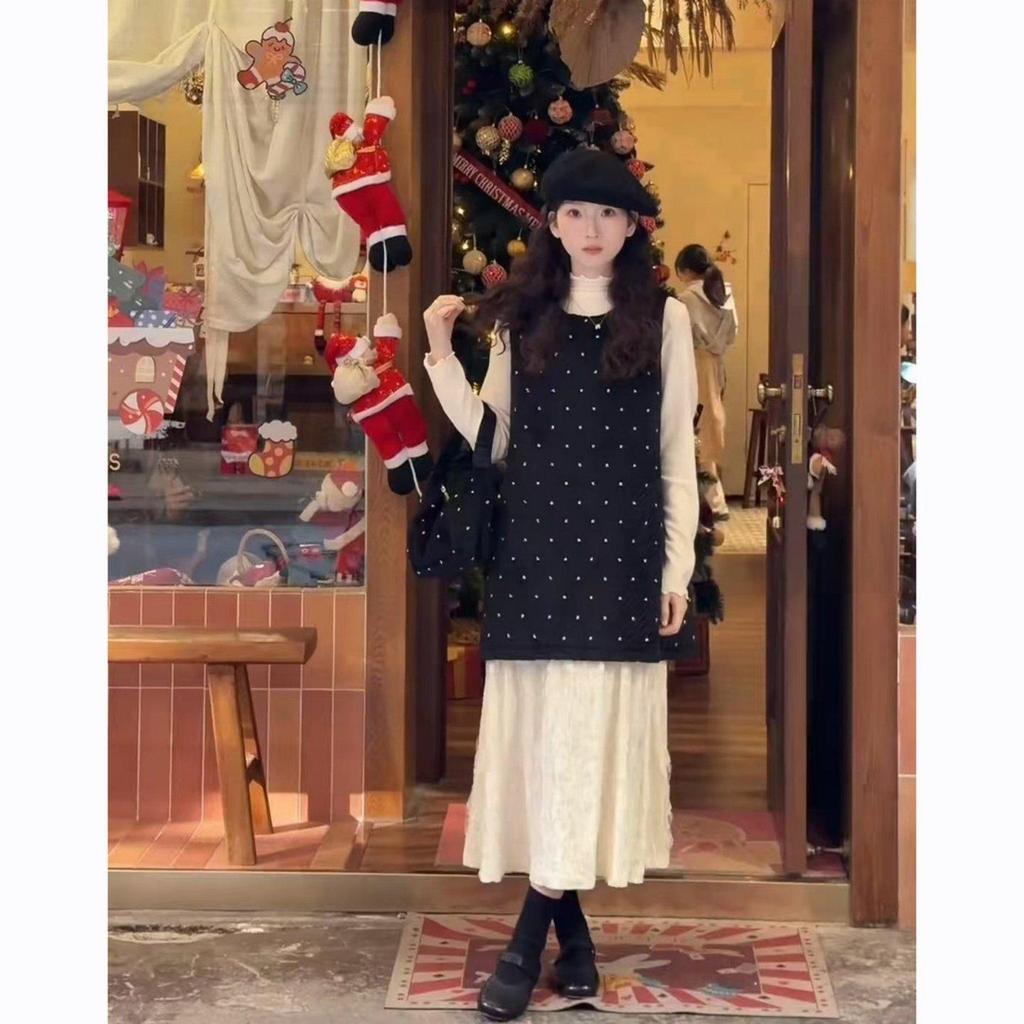 Korean Chic Polka Dot Long-Sleeve Base Layer & Vest Dress Set