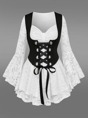 Rosegal Gothic Floral Lace Overlay Cinched Ruched Flare Sleeves Lace-up Grommet Corset T-shirt