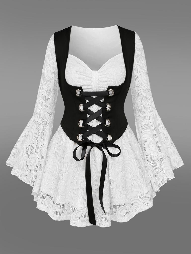 Rosegal Gothic Floral Lace Overlay Cinched Ruched Flare Sleeves Lace-up Grommet Corset T-shirt
