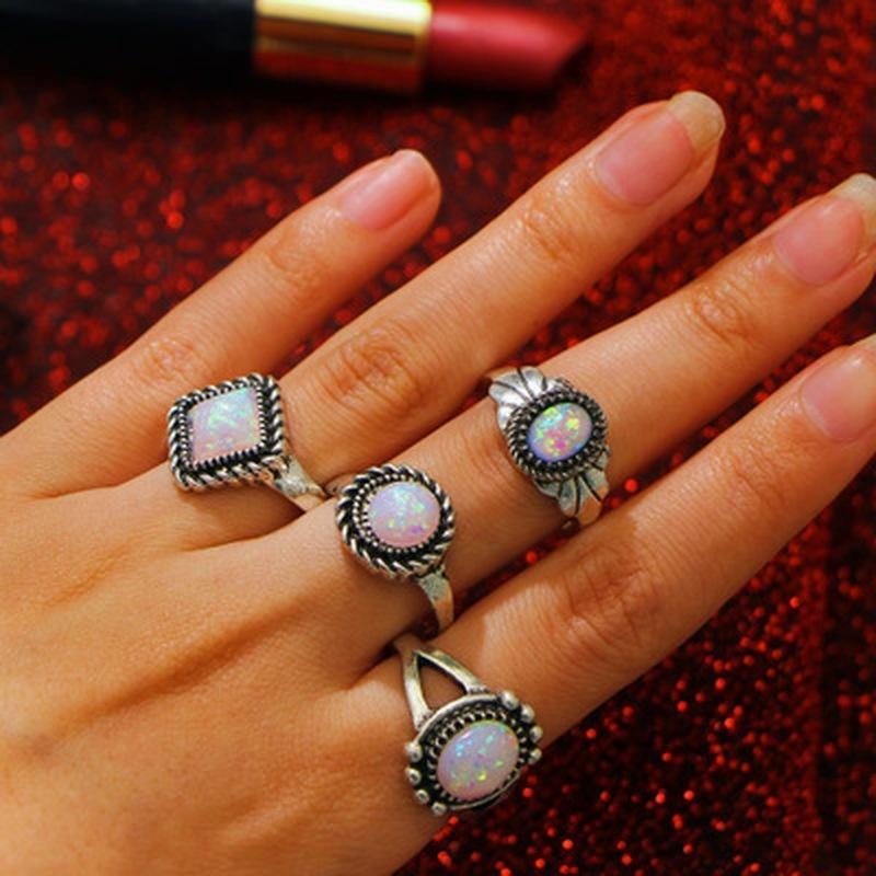 4 Stück/Set Ringe Set Natürlicher Edelstein Feueropal Ring