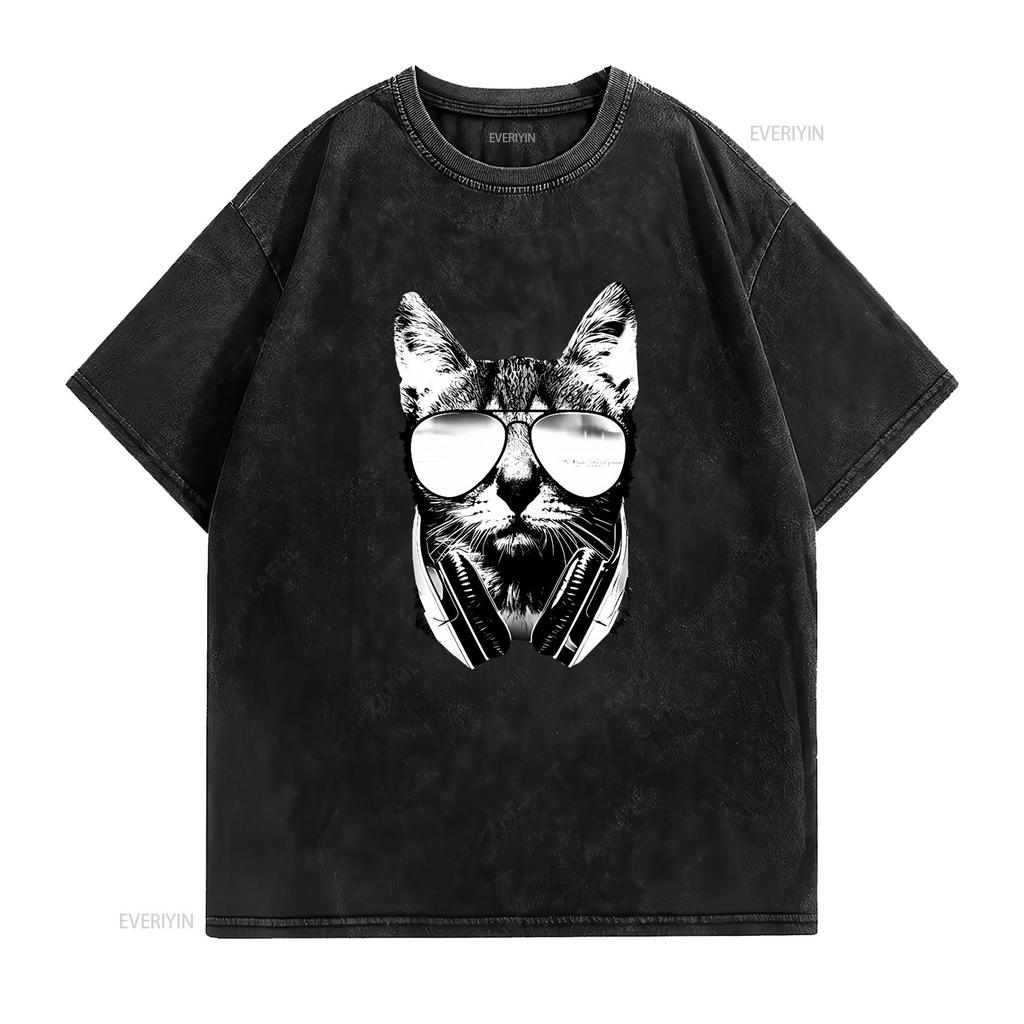 Gravity Trading Mens Cool DJ Cat Solar Color Changing T Shirt Sun vintage Washed Slightly designer clothes Versatile Unisex
