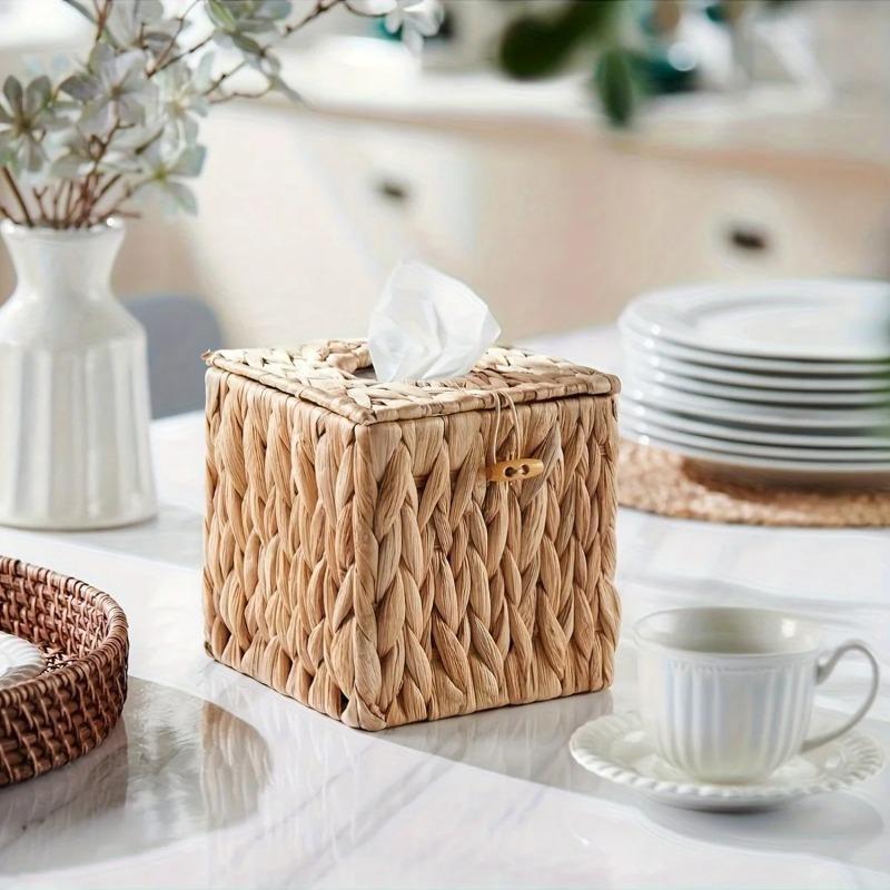 Natural Fiber Snap Closure Multi Scene Use Storage & Decor All In One Boho Style Woven Tissue Box with Lid