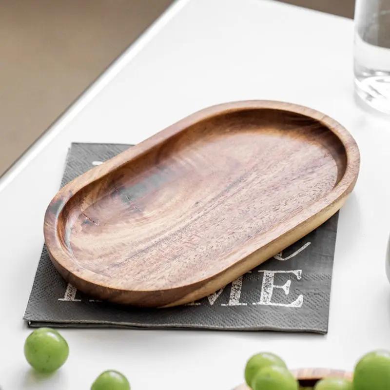 Acacia Oval Tray Natural Wood Dessert Cup Tray Wooden Cheese Dessert Bread Plate Jewellery Display for Home Decor Coffee Table