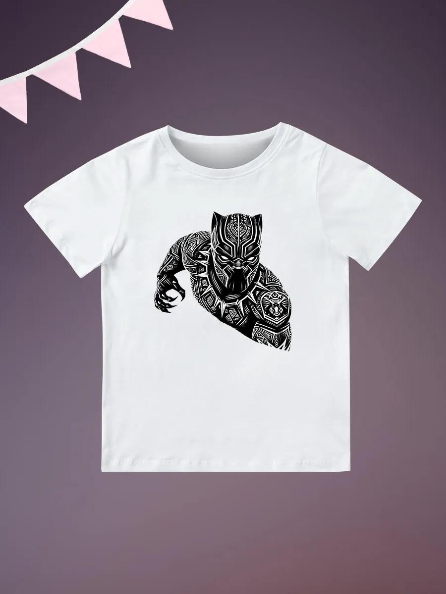 Round Neck Printed Pattern Pullover Short Sleeve Kids Tops Black Panther 150