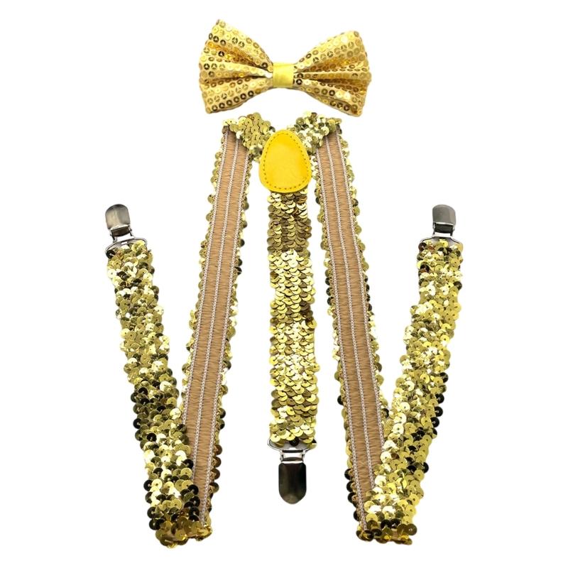 Popular Sequins Suspenders and Bowtie Set for Male with Metal Clip Weddings and Theme Parties Costume Neckwear Accessory