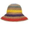 Damen Sommer Handgehäkelt Stroh für Sonnenschutzmütze Regenbogen Bunte Streifen Patchwork Breiter Rand UV-Schutz Urlaubs Strandkappe Schwarz