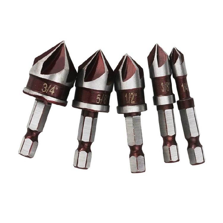 5 Schneiden Sechskantschaft Senkbohrer-Kollektion 1/4" 3/4" Größen 82° Winkelspitze Optimiert für Edelstahl Hartholz Bohren
