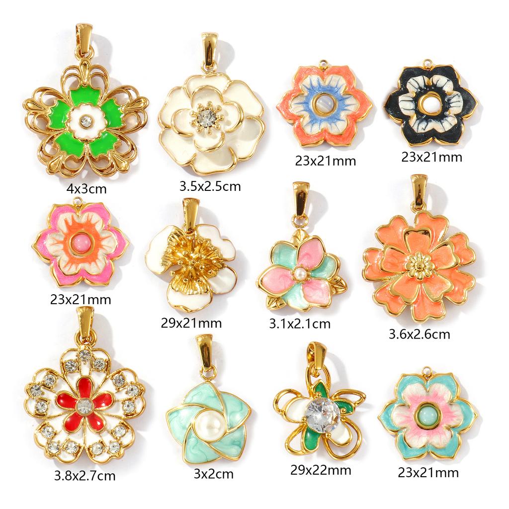 2 PCs Waterproof 304 Stainless Steel & Rhinestone Flora Charms 18K Gold Plated Enamel Flower Pendants For DIY Necklace Making