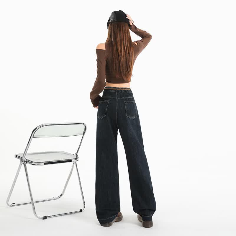 Women's High-Waist Washed Denim Wide-Leg Pants