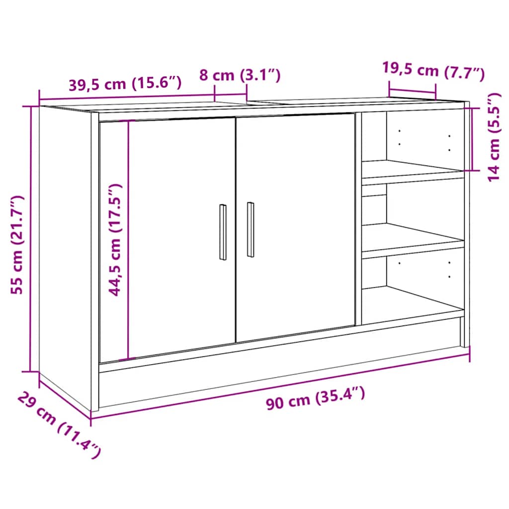 Waschtischunterschrank, Unterschrank unter dem Waschbecken, Schrank ohne Waschbecken, Sonoma-Eiche 90x29x55 cm