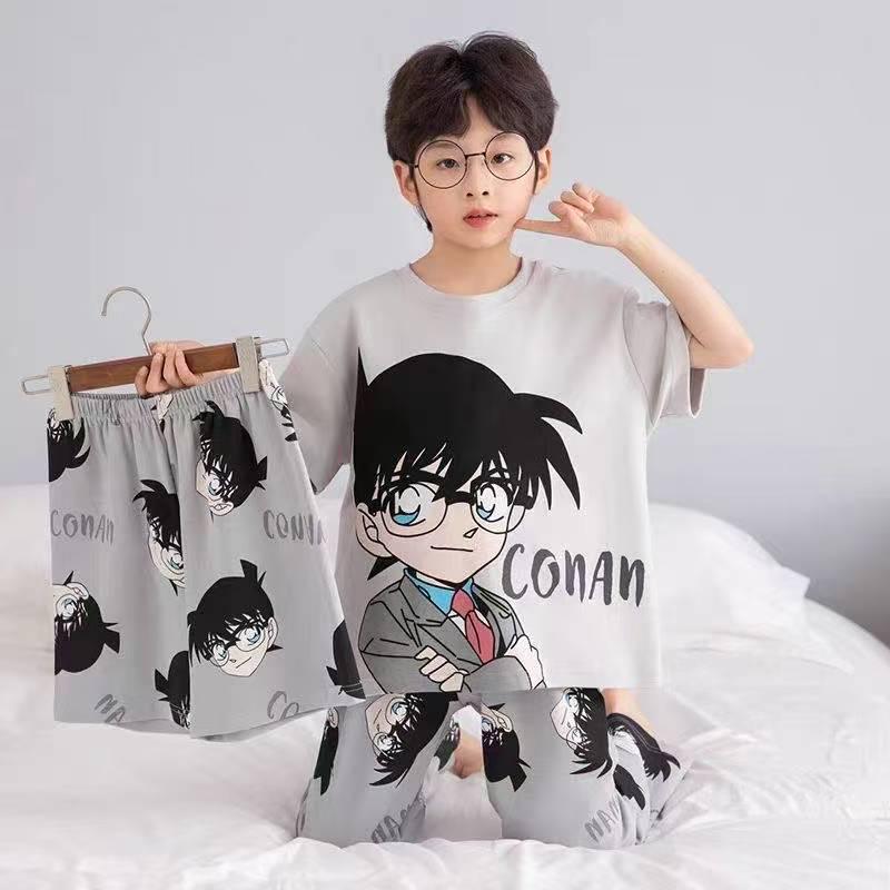 Children's Summer Pajama Set: 3-Piece Short-Sleeve Top, Long Pants, Boys' Medium & Large Air Conditioning Suit