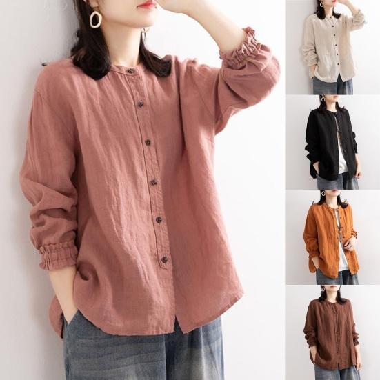 

Женская рубашка в этническом стиле с круглым воротником из хлопка и льна, сплошной цвет, манжеты с рюшами, женская одежда, свободная женская блузка, топ, весенне-осенняя одежда