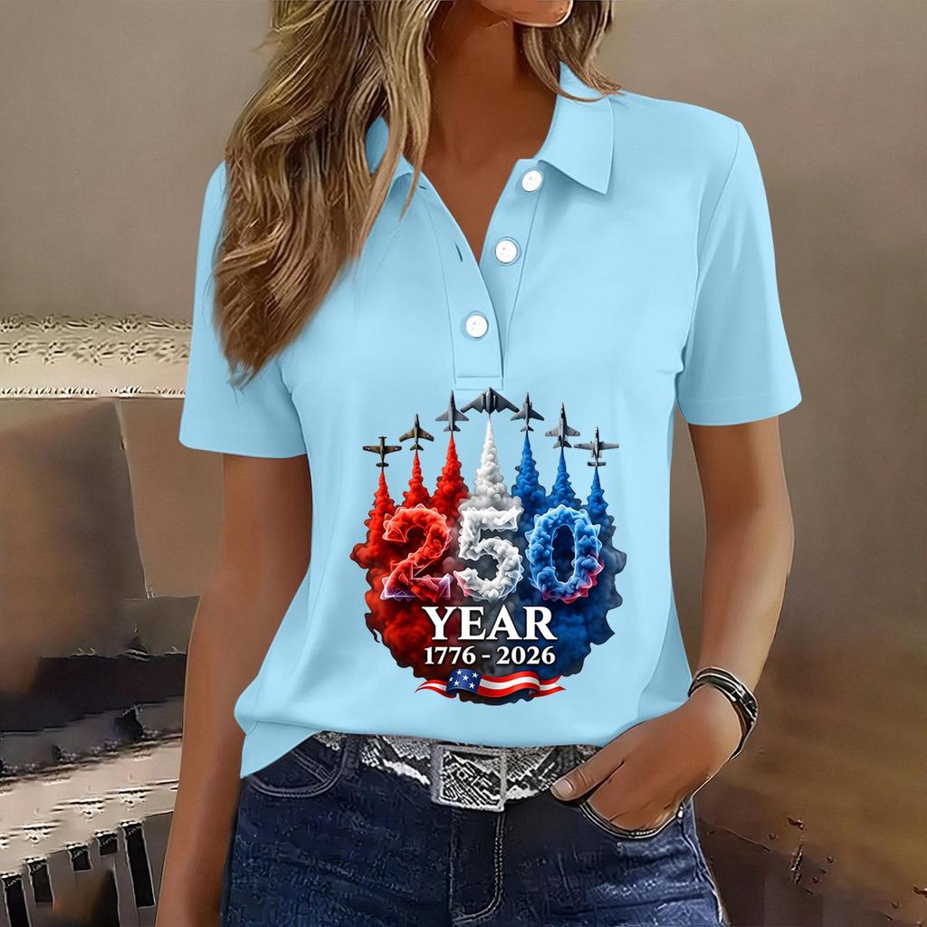 Women's Casual Button Front Short Sleeve Polo Shirt 250th Anniversary Patriotic Print Independence Day T-Shirt Top for Summer