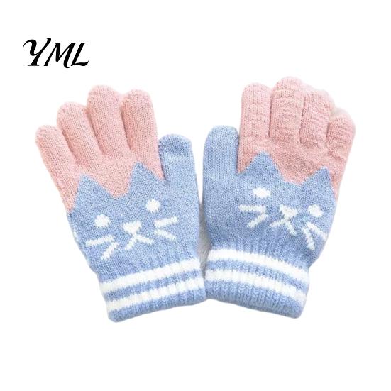 Playful Jacquard Gloves for Daily Wear 1 Pair Kids Winter Gloves, Cozy Thick Lined Mittens with Flexible Knitted Writing Playing Cute Cat Pattern,
